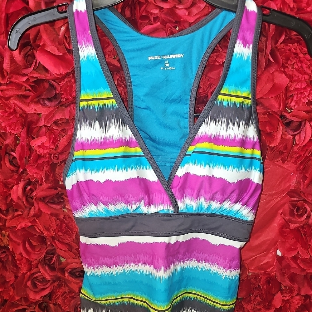 Free Country Multicolor Striped Racerback Tankini Bathing Suit Top Size XL 16